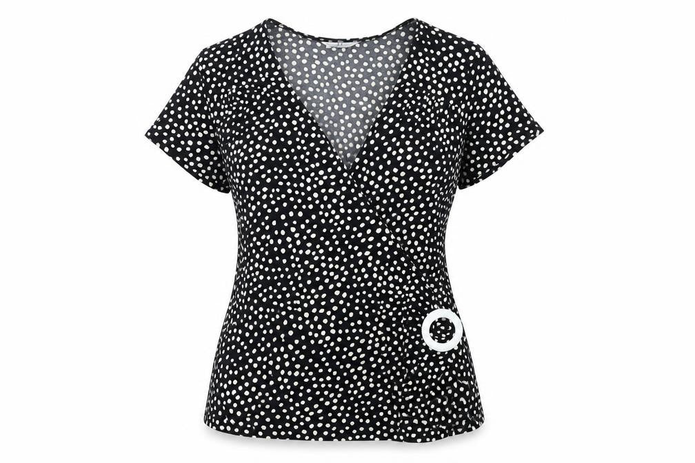 Joanna Hope Womens Black Geometric Polyester Basic T-Shirt Size 14 V-Neck