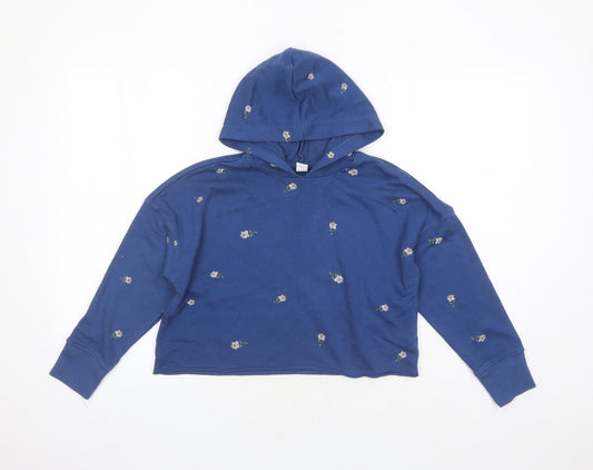 Old Navy Womens Blue Floral Cotton Pullover Hoodie Size 8 Pullover - Cropped Style