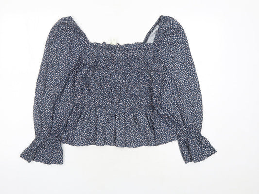 H&M Womens Blue Fair Isle 100% Cotton Basic Blouse Size M Square Neck