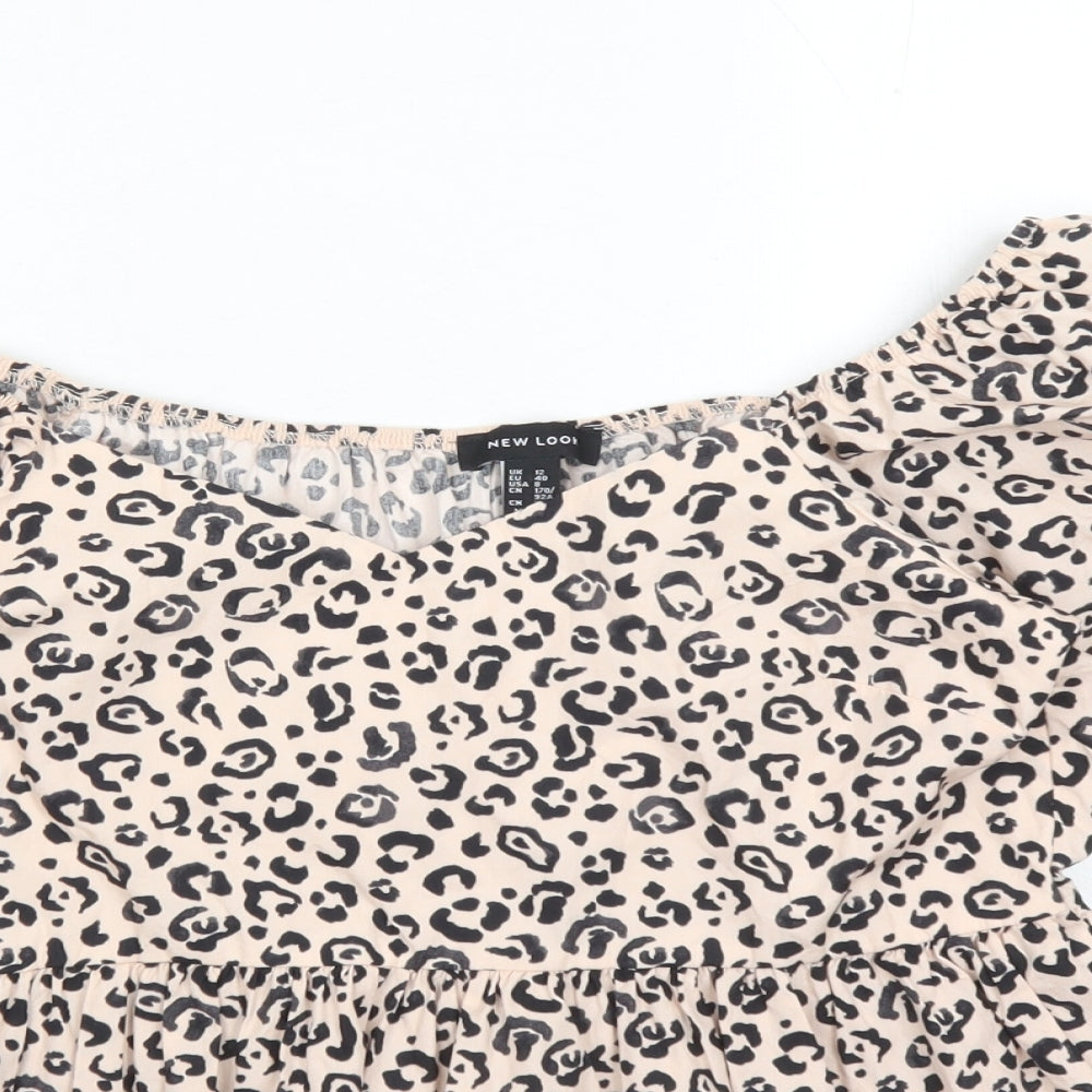 New Look Womens Pink Animal Print 100% Cotton Basic Blouse Size 12 V-Neck - Cheetah Pattern