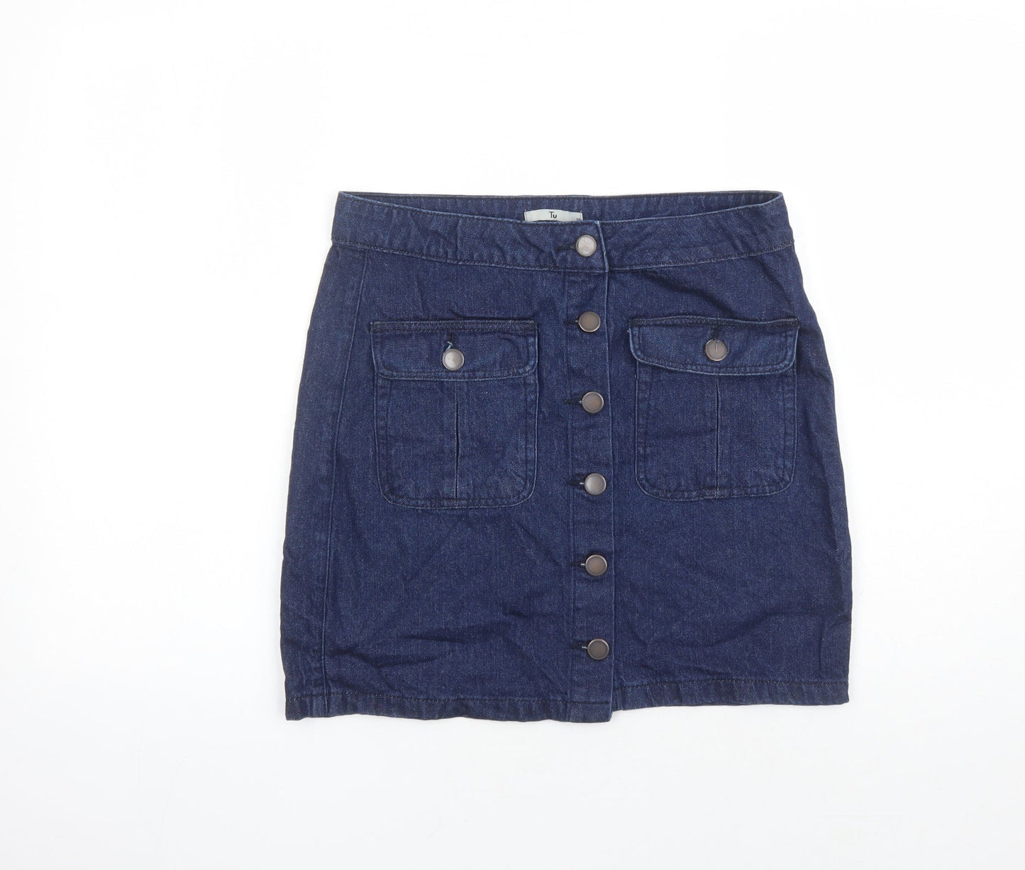 TU Womens Blue Cotton A-Line Skirt Size 10 Button - Pockets