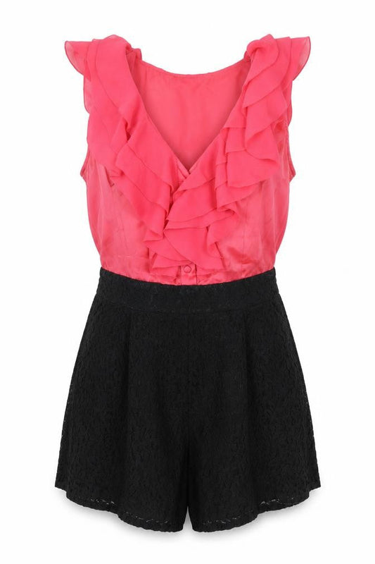 Lipsy Womens Pink Polyester Romper One-Piece Size 10 Zip - Ruffle Detail, Lace Detail