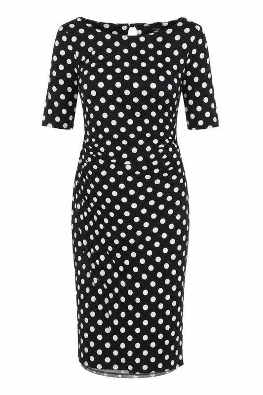 Next Womens Black Polka Dot Polyester Pencil Dress Size 8 Boat Neck Button