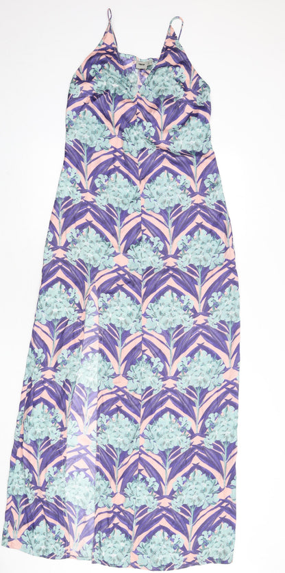 Additional front view of ASOS women’s multicoloured geometric polyester slip dress, size UK 8, v-neck pullover - maxi, slit
