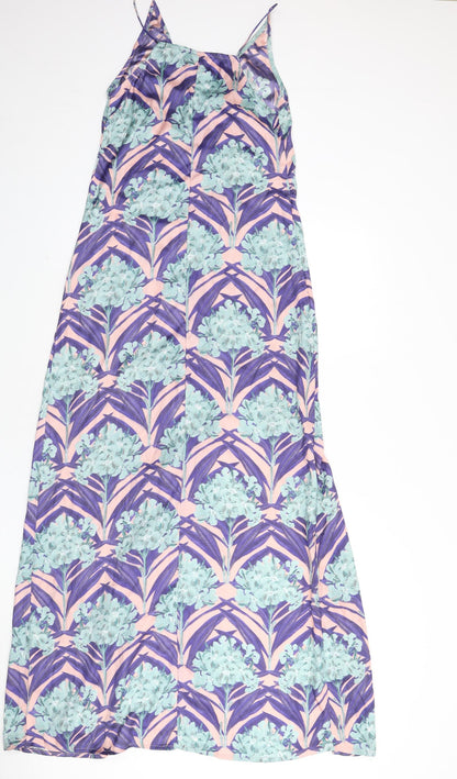 Back view of ASOS women’s multicoloured geometric polyester slip dress, size UK 8, v-neck pullover - maxi, slit