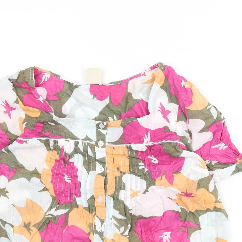Cotton Traders Womens Multicoloured Floral 100% Cotton Basic Button-Up Size 12 Square Neck