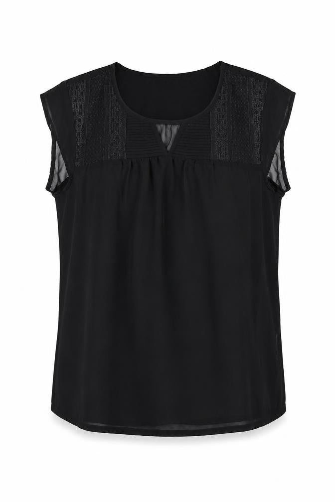 Mexx Womens Black Polyester Basic Blouse Size 10 Round Neck - Embroidered Detail, Keyhole Cutout