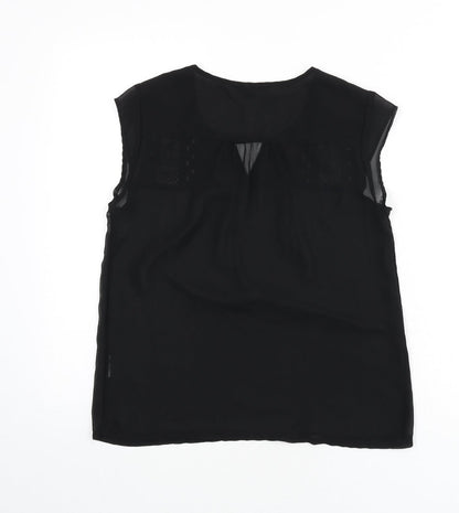 Back view of Mexx women’s black polyester basic blouse, size UK 10, round neck - embroidered detail, keyhole cutout
