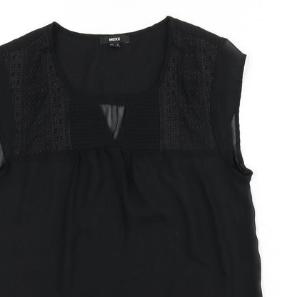 Close-up detail of Mexx women’s black polyester basic blouse, size UK 10, round neck - embroidered detail, keyhole cutout