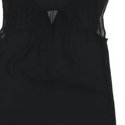 Brand and care label for Mexx women’s black polyester basic blouse, round neck - embroidered detail, keyhole cutout