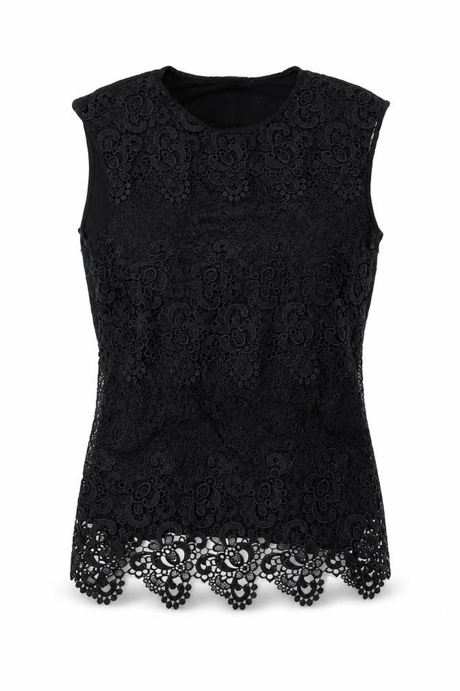 Oasis Womens Black Geometric Polyester Basic Tank Size S Round Neck - Lace Overlay