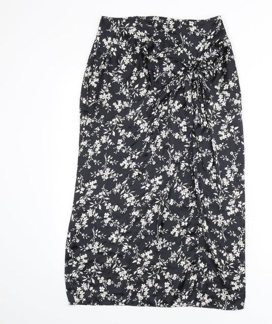 Zara Womens Black Floral Polyester A-Line Skirt Size S Zip - Knot Front, Slit