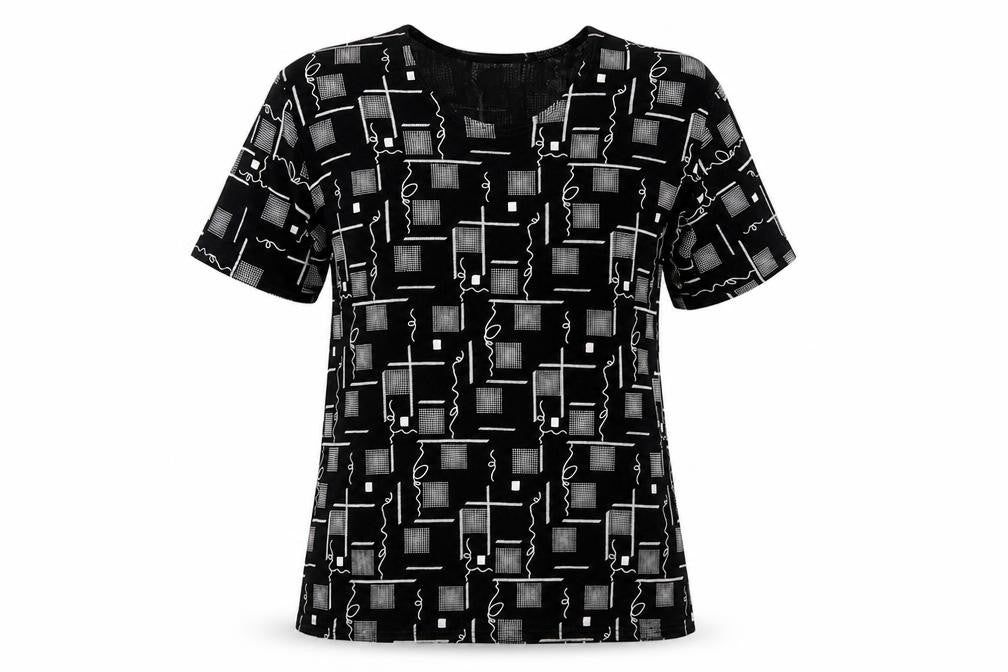 Charmell Womens Black Geometric Acetate Basic T-Shirt Size M Round Neck