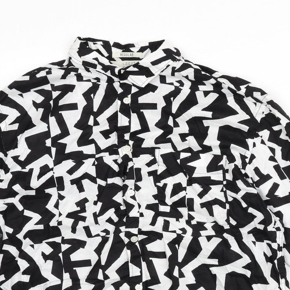 H&M Mens Black Geometric Cotton Button-Up Size M Collared Button