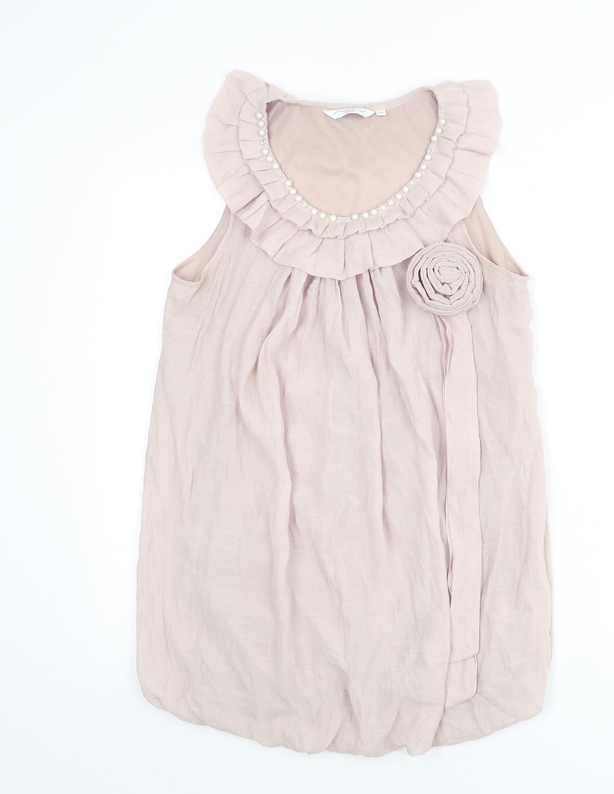 New Look Womens Pink Polyester Mini Size 12 Scoop Neck Pullover - Ruffles, Flower, Beads