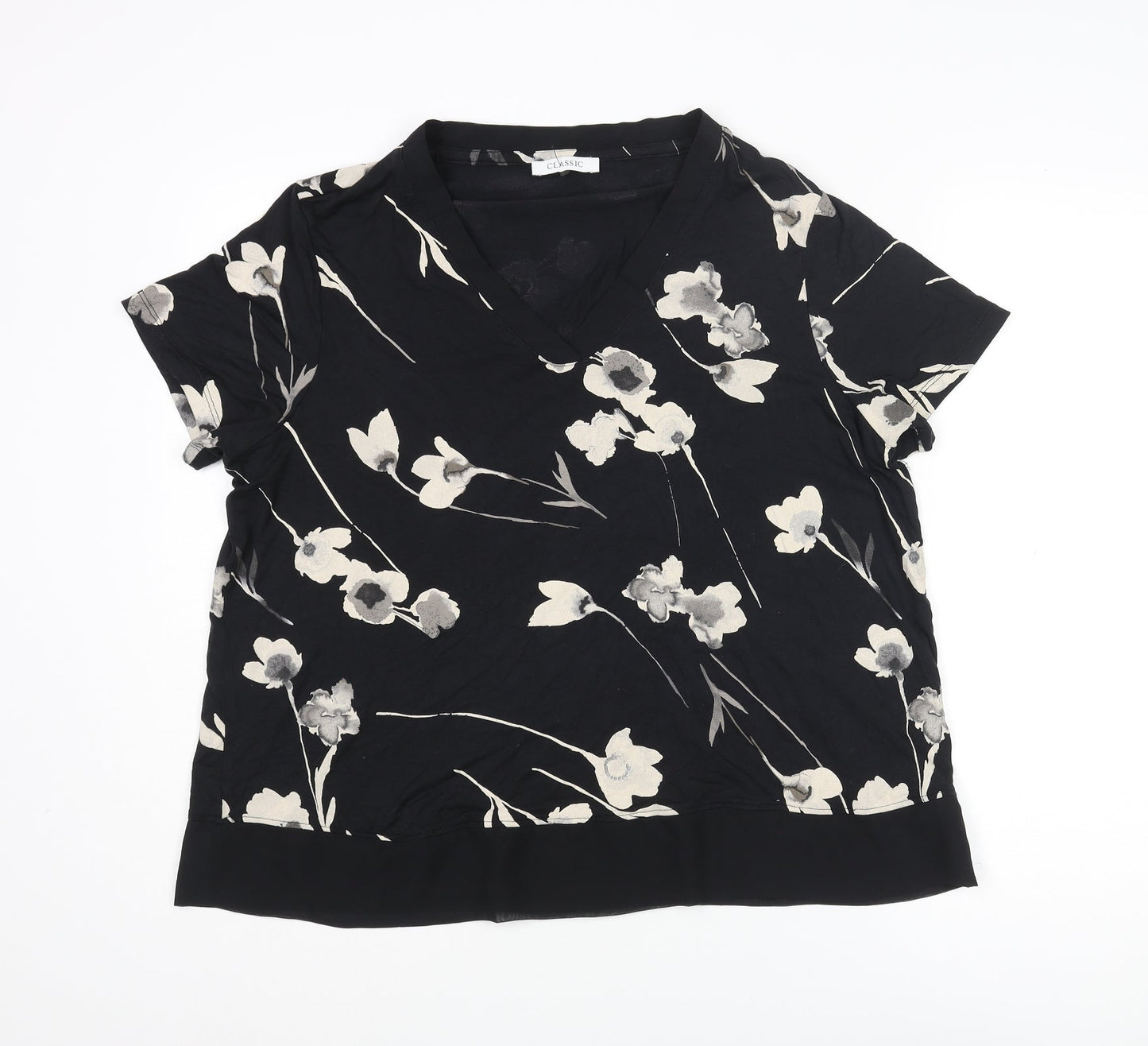 Classic Womens Black Floral Viscose Basic Blouse Size 18 V-Neck