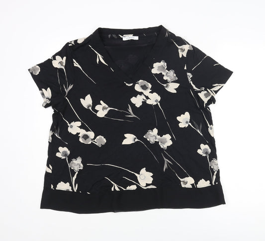 Classic Womens Black Floral Viscose Basic Blouse Size 18 V-Neck