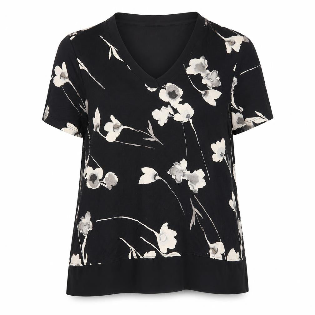 Classic Womens Black Floral Viscose Basic Blouse Size 18 V-Neck