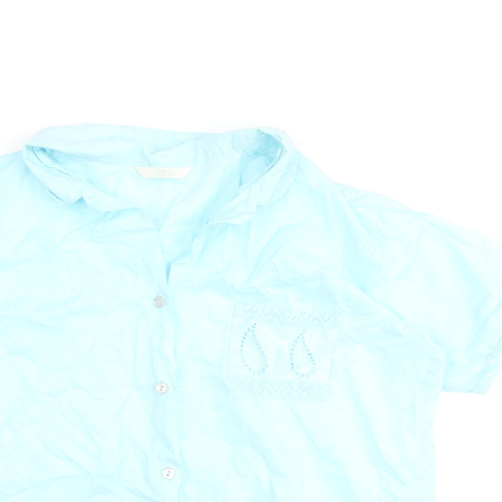 Marks and Spencer Womens Blue Cotton Basic Blouse Size 10 Collared - Lace Detail