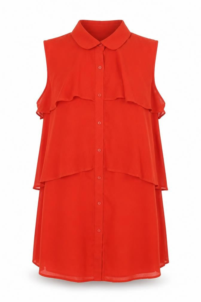 Glamorous Womens Red Polyester Tunic Blouse Size 12 Collared - Layered Frill Semi Sheer