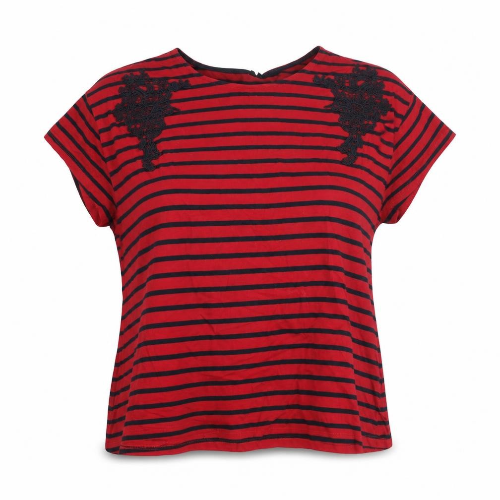 Fig Womens Red Striped Polyester Basic T-Shirt Size XL Round Neck - Embroidered Detail