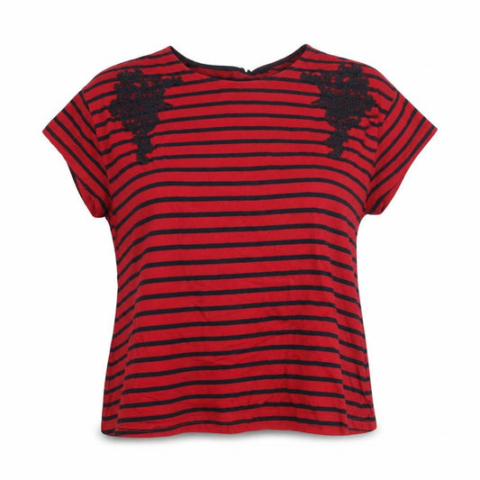 Fig Womens Red Striped Polyester Basic T-Shirt Size XL Round Neck - Embroidered Detail