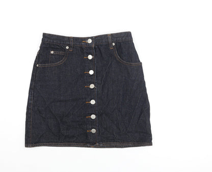 Additional front view of ASOS women’s blue cotton mini skirt, size UK 8, button