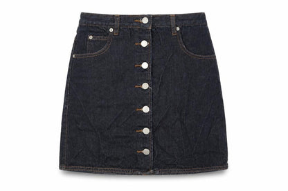 Front view of ASOS women’s blue cotton mini skirt, size UK 8, button