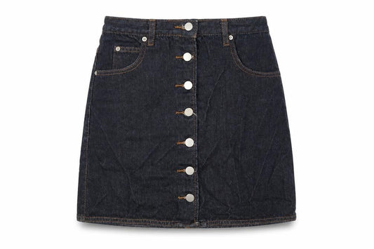 Front view of ASOS women’s blue cotton mini skirt, size UK 8, button