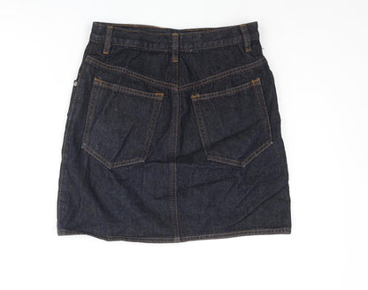 Back view of ASOS women’s blue cotton mini skirt, size UK 8, button