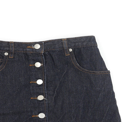 Close-up detail of ASOS women’s blue cotton mini skirt, size UK 8, button