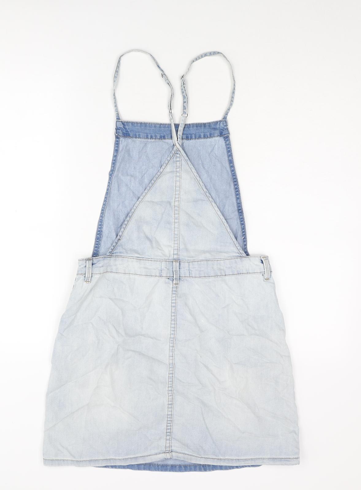 New Look Womens Blue Cotton Pinafore/Dungaree Dress Size 10 Scoop Neck Button