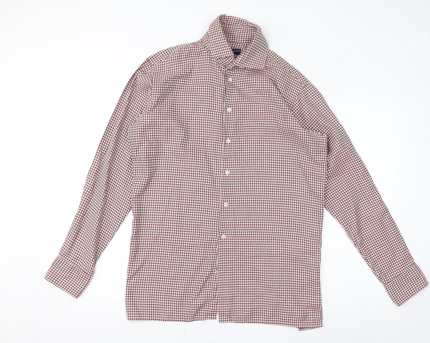 Richard James Mens Red Geometric Polyester Button-Up Size S Collared Button - Houndstooth