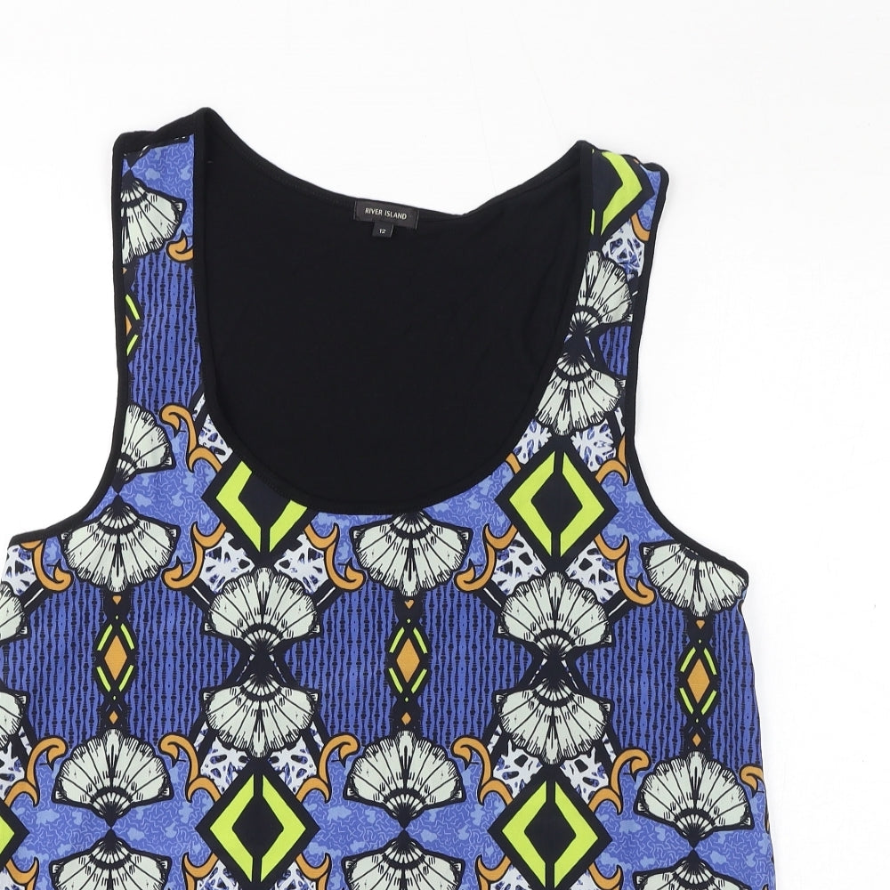 River Island Womens Blue Geometric Viscose Basic Tank Size 12 Scoop Neck