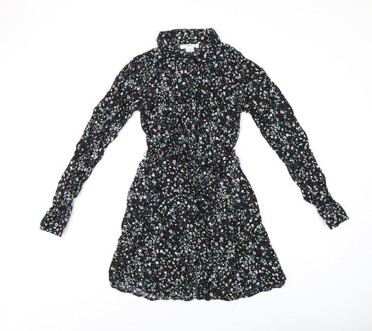 &Et Womens Black Floral Viscose Shirt Dress Size 8 Collared Button