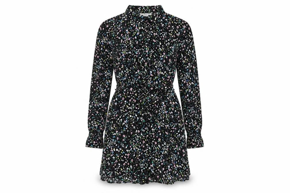 &Et Womens Black Floral Viscose Shirt Dress Size 8 Collared Button