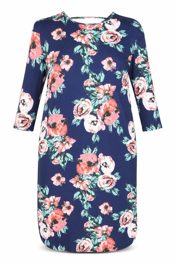 Isassy Womens Blue Floral Polyester Shift Size L Round Neck Pullover - Split Hem