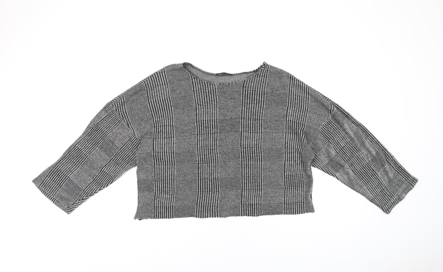 Zara Womens Grey Geometric Polyester Cropped T-Shirt Size L Round Neck