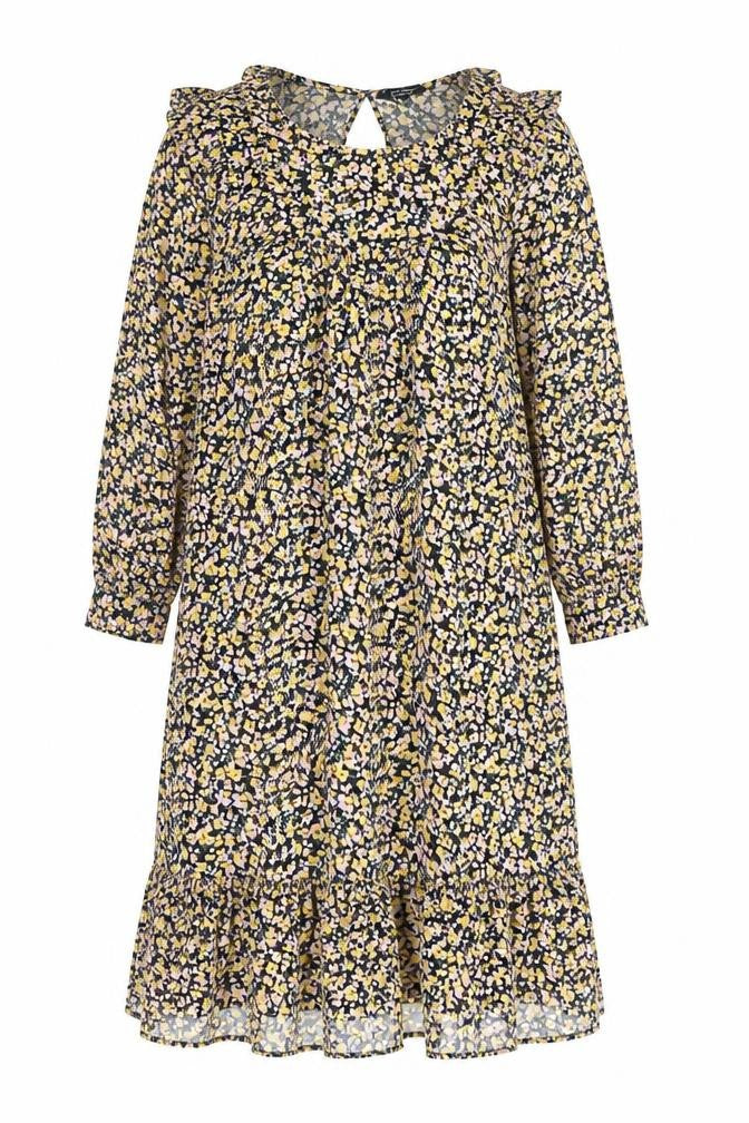 Dorothy Perkins Womens Black Floral Polyester Shift Size 14 Round Neck Button - Frill Detail