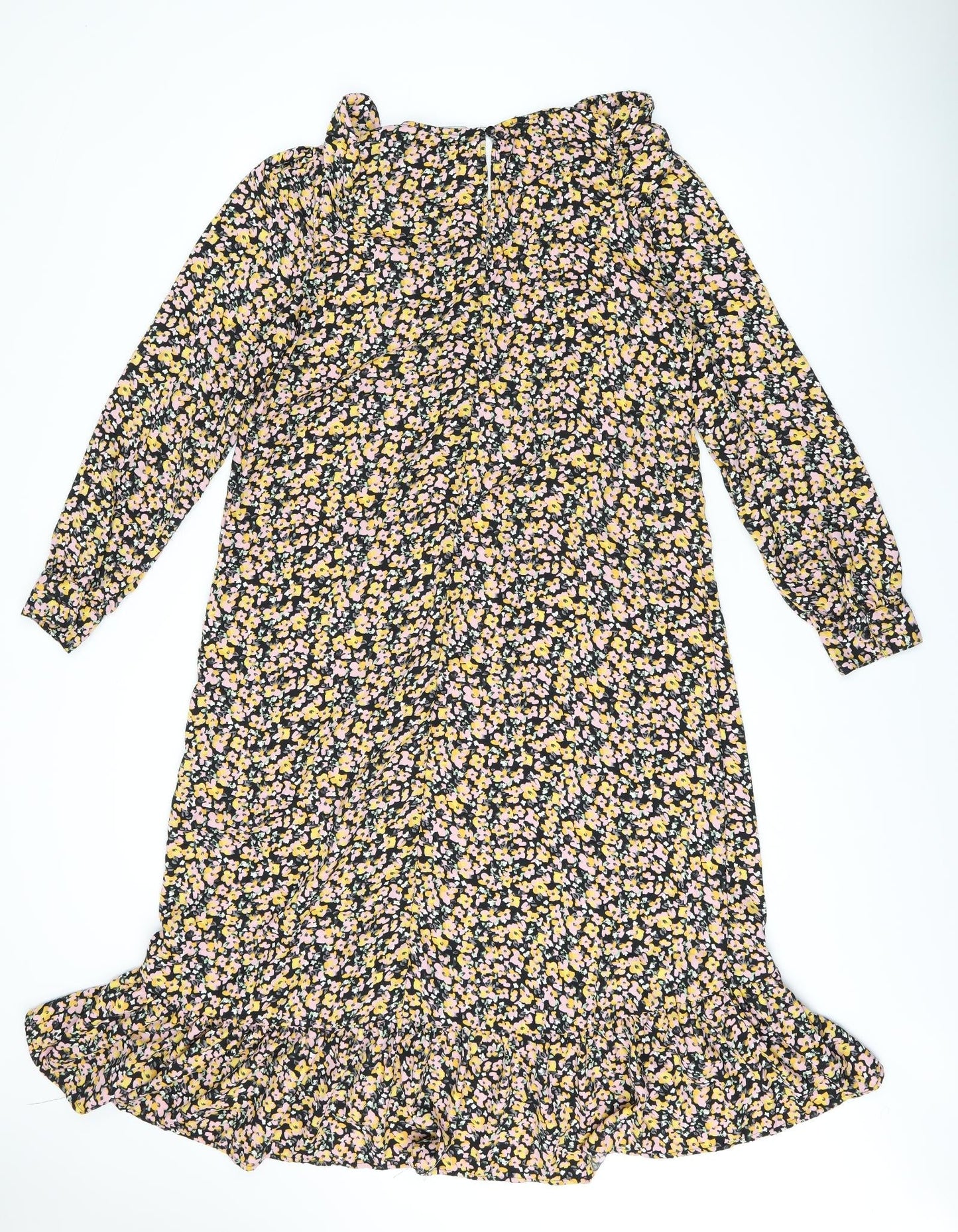 Dorothy Perkins Womens Black Floral Polyester Shift Size 14 Round Neck Button - Frill Detail