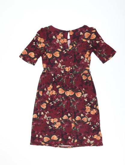 Next Womens Red Geometric Viscose A-Line Size 10 Boat Neck Button