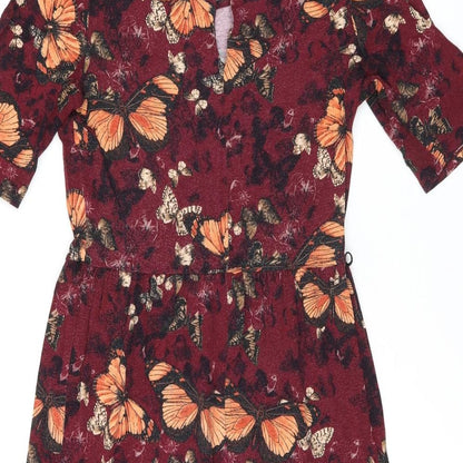 Next Womens Red Geometric Viscose A-Line Size 10 Boat Neck Button