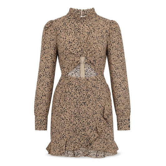 Front view of Missguided women’s brown geometric polyester bodycon, size UK 6, round neck zip