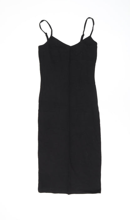Additional front view of ASOS women’s black polyester bodycon, size UK 8, v-neck pullover