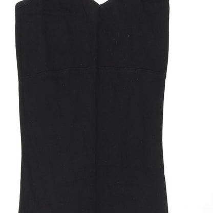Close-up detail of ASOS women’s black polyester bodycon, size UK 8, v-neck pullover