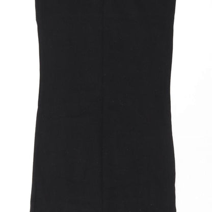 Brand and care label for ASOS women’s black polyester bodycon, size UK 8, v-neck pullover