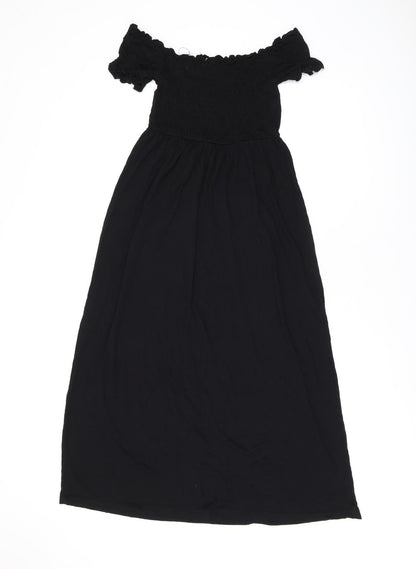 Additional front view of ASOS women’s black viscose a-line, size UK 8, off the shoulder pullover