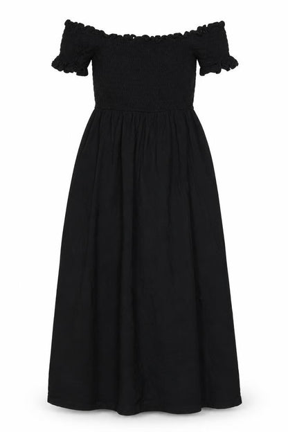 Front view of ASOS women’s black viscose a-line, size UK 8, off the shoulder pullover