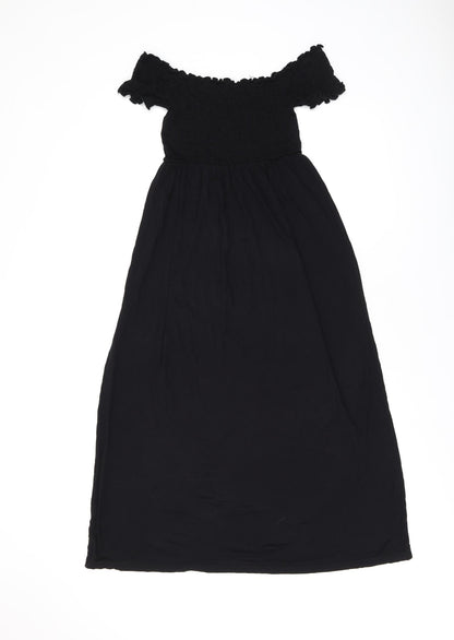 Back view of ASOS women’s black viscose a-line, size UK 8, off the shoulder pullover