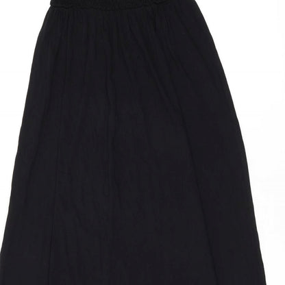 Brand and care label for ASOS women’s black viscose a-line, size UK 8, off the shoulder pullover